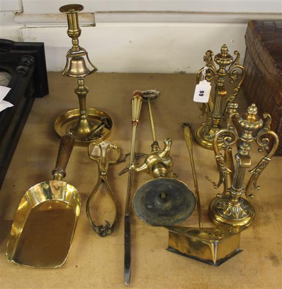 Brassware- two lamps, a pair of fire dogs and other fire accessories